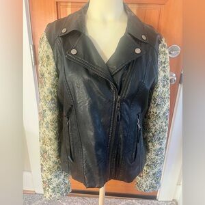 Vegan Leather Jacket with Floral Jacquard Sleeves